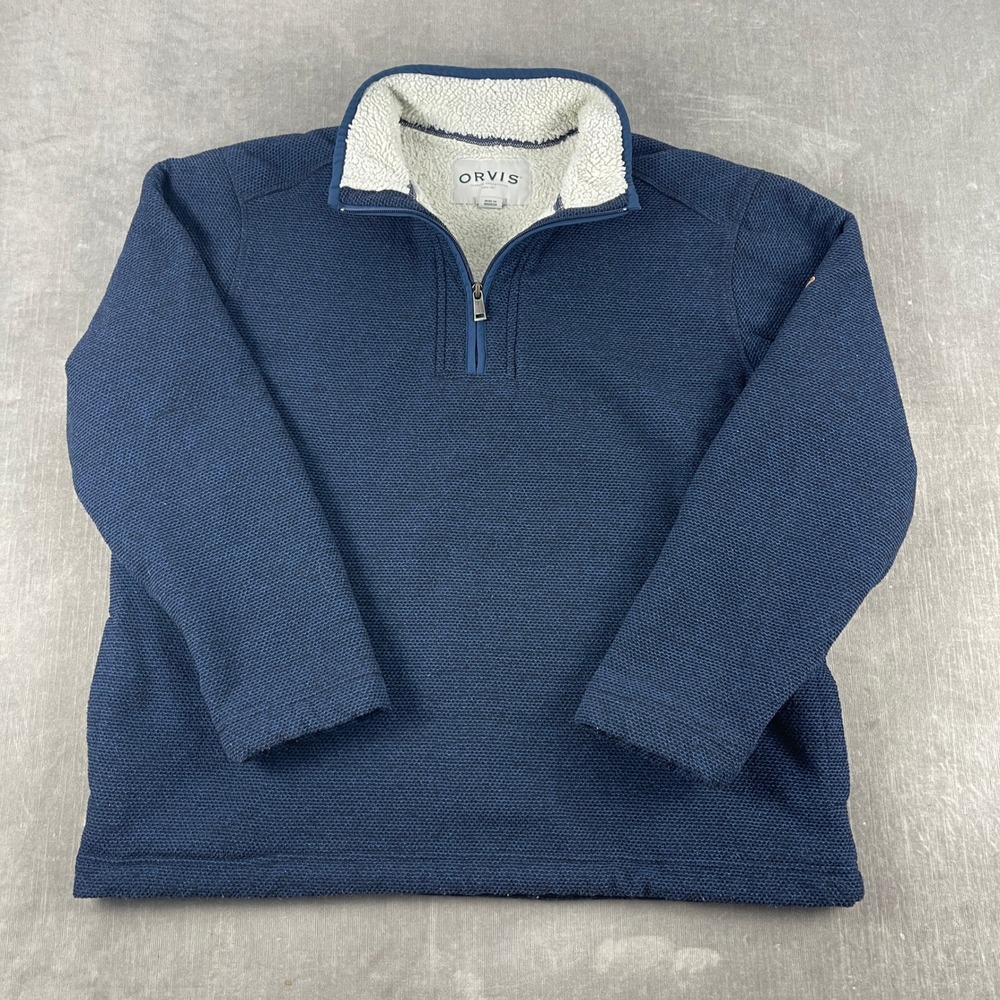 Orvis Mens L Blue Quarter Zip Pullover Sherpa Lined Textured Knit Sweater